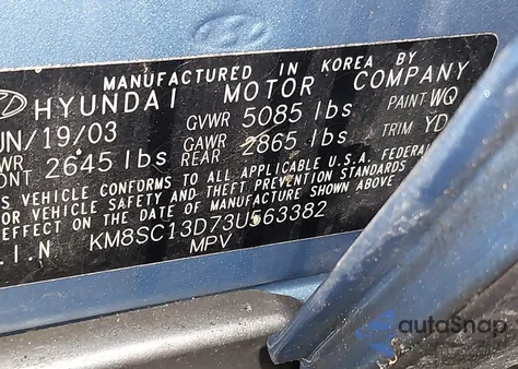 2003 Hyundai Santa Fe Gls/Lx из США, поврежденный, VIN KM8SC13D73U563382